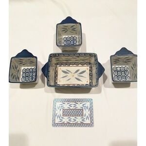 TEMPTATIONS Ramekins Square Blue Set Of (3), Baking Dish & Glass Trivet